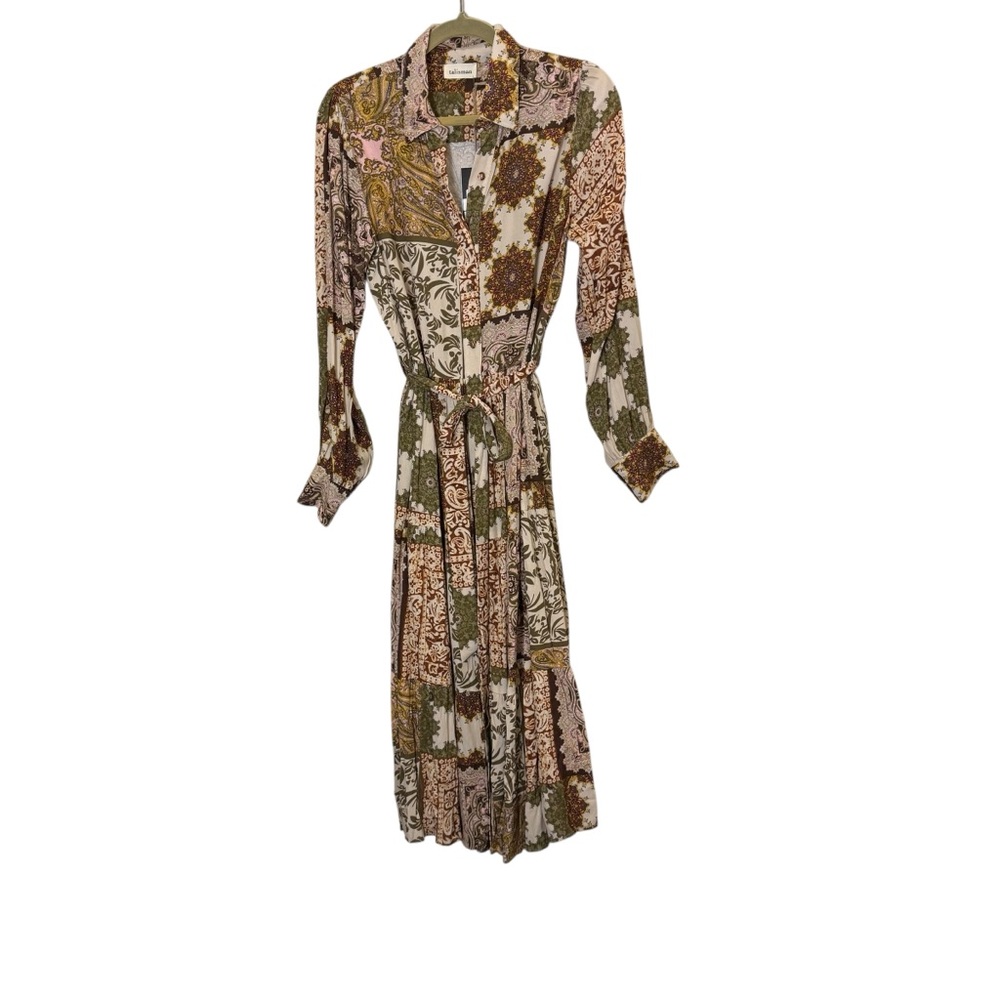 Talisman Women’s Paisley Boho Flower Child Western Print Belted Shirt Dress sz M